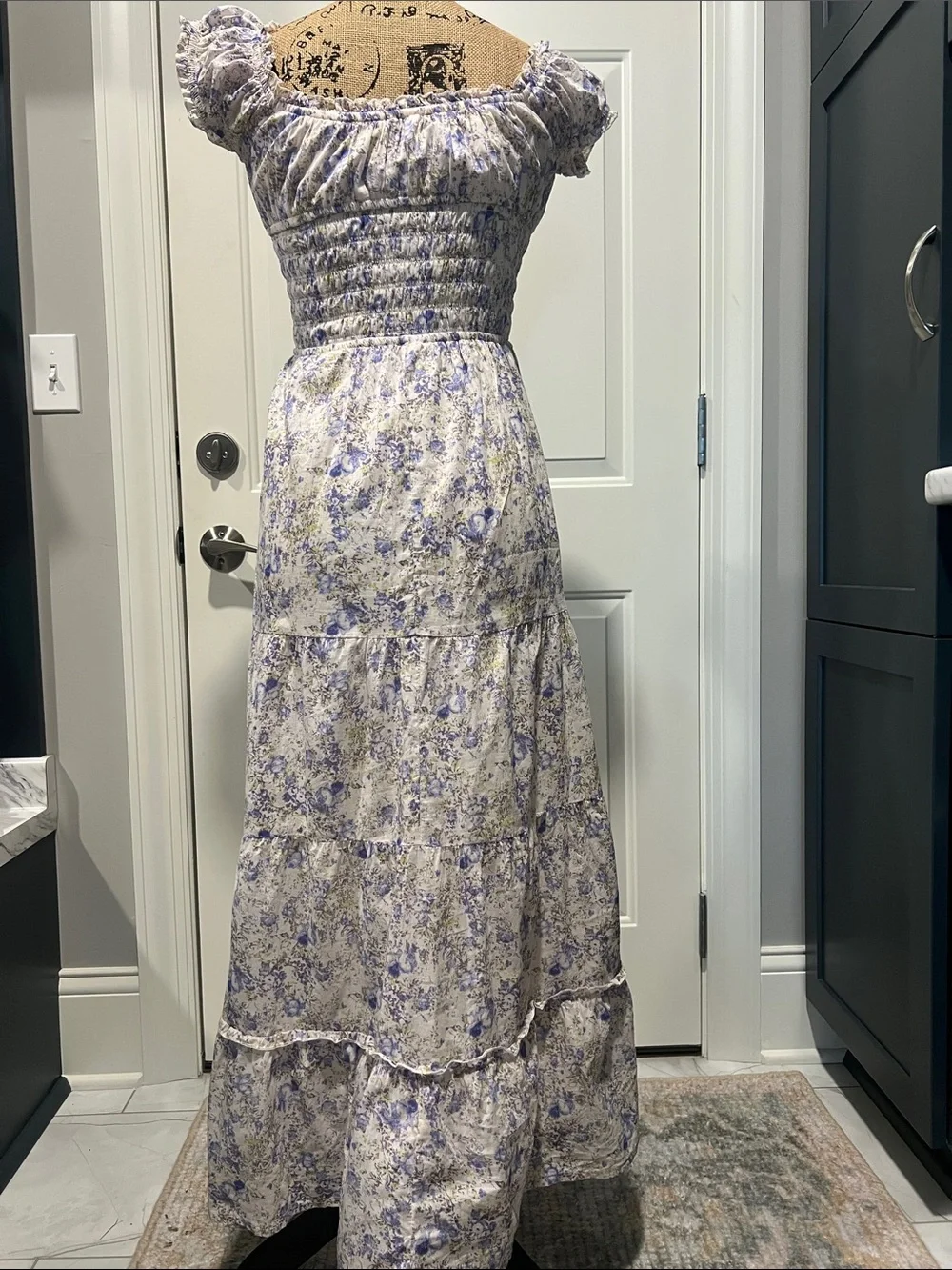 Floral Smocked Tiered Maxi Dress Sz S Prairie Boho Beach Cowgirl Romantic - Picture 2 of 10